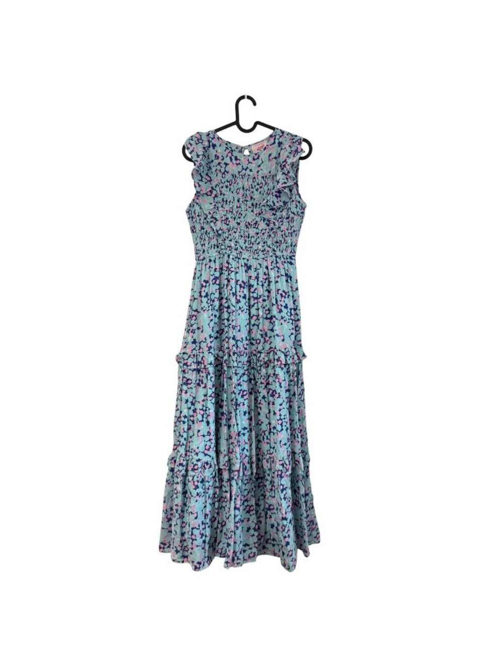 Banjanan Blue Purple Floral Ruffle Smocked Sleeveless Maxi Dress Womens Small